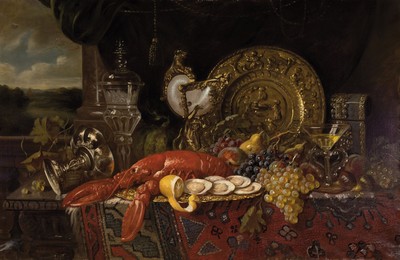Ernst Czernotzky, 1869 Brünne 1939 Wien, Stilllebenmaler, Stillleben mit Nautiluspokal,Messingplatte, Glaspokal, Hummer, Muscheln undTrauben, links ...