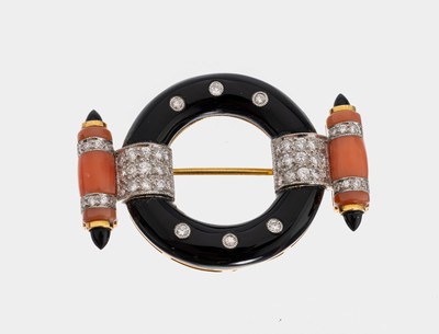 18 kt Gold Brillant-Brosche, GG 750/000 gepr., im Stil des Art Deco, Onyx und Koralle eingeschliffen, 52 Brillanten zus. ca. 0.34 ct Weiß/p1, ca. ...