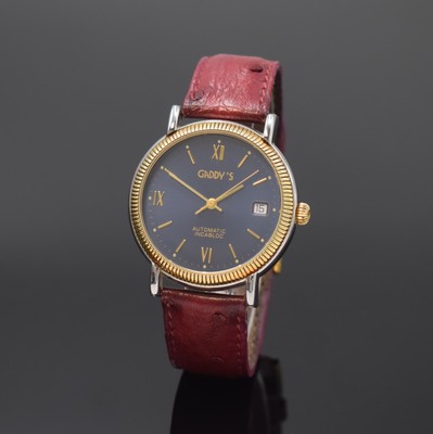 GADDY'S Herrenarmbanduhr in Stahl, Schweiz um 2000, Automatik, beids. vergl. Geh., Boden verschr., blaues Zifferbl. m. gold. Std.-Ind. u. röm. ...