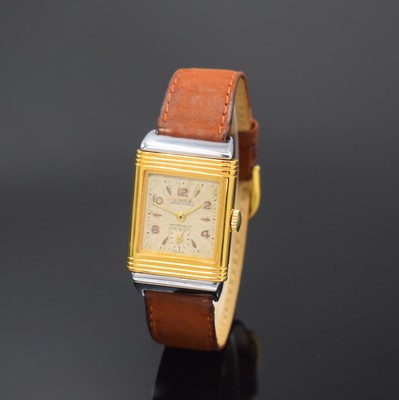Rechteckige Armbanduhr mit Wendegehäuse, Schweiz 2. Hälfte 20. Jahrhundert, Handaufzug, verchromt/vergoldet, silb. strahlenförmig strukturiertes ...