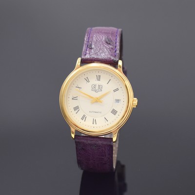 GUB Glashütte SA Herrenarmbanduhr, Deutschland um 1990, Automatik, verg. Geh., Stahlboden aufgedr., silb. Zifferbl. teils guill., röm. Zahlen, ...