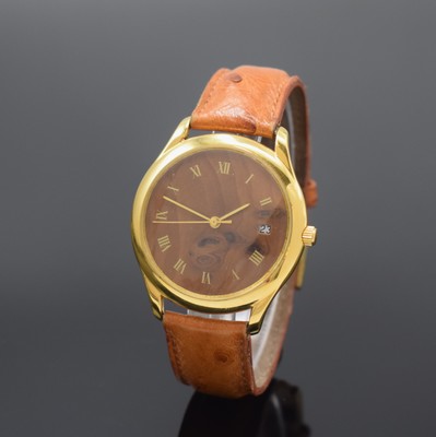 Herrenarmbanduhr mit Nussbaum-Zifferblatt, Schweiz um 1990, Automatik, beids. vergl. Geh. verg., Nussbaum-Zifferbl. m. röm. Zahlen, gold. Zeiger, ...