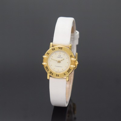 OMEGA Constellation Damenarmbanduhr in GG 750/000, Schweiz um 1985, quarz, Boden m. Darst. Sternwarte aufgedr., Lünette m. röm. Zahlen, weißes ...