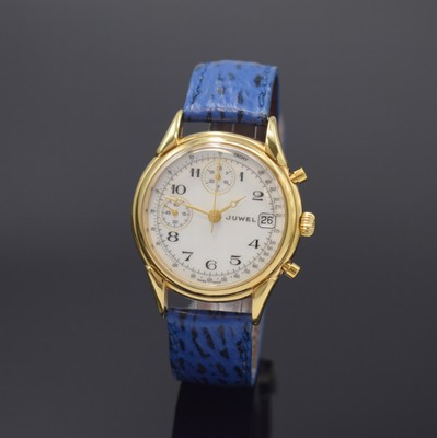 JUWEL vergoldeter Herrenchronograph, Schweiz um 1990, Handaufzug, Stahlboden aufgedr., weißes Zifferbl. m. arab. Zahlen, gold. Zeiger, ...