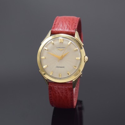 LONGINES 10k Gold Filled Herrenarmbanduhr, Schweiz um 1955, Automatik, Boden verschr., silb. Zifferbl. m. Strahlendekor, gold. Std.- Ind., gold. ...