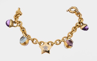 14 kt Gold Farbstein-Brillant-Armband, GG 585/000, 5 bewegl. Abhängungen, 2 x facett. Amethyste zus. ca. 5.0 ct, 2 Aquamarin- Cabochons zus. ca. ...