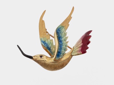 14 kt Gold Email-Brosche, GG 585/000, Darstellung eines fliegenden Vogels, polychromemailliert, ca. 3 x 3.5 cm, ca. 6.8 g
