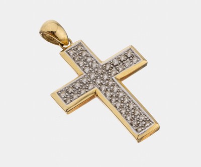 18 kt Gold Brillant-Kreuzanhänger, GG/WG 750/000, 44 in WG gefasste Brillanten zus. ca.0.44 ct Weiß/si, ca. 3.5 x 2 cm, ca. 5.1 g