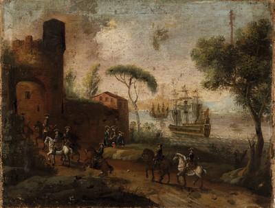 Zuschreibung: Johann Tobias Sonntag (1683 -1738), Hafenlandschaft mit Reitern vor einem Stadttor, mittig Unten signiert "J T Sonntag pinx", ...