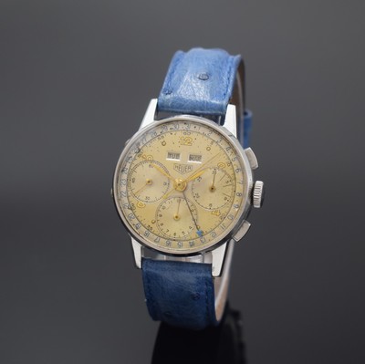 HEUER Valjoux 72C Herrenarmbanduhr mit Schaltradchronograph und Vollkalender in Stahl, Schweiz um 1955, Handaufzug, 3-tlg. Geh., Boden und Glasrand ...