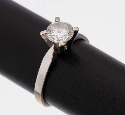 14 kt Gold Brillant-Ring, WG 585/000, Brillant ca. 1.00 ct feines Weiß/si1, RW 55, ca. 2.4 g, neue Rhod. empfohlen