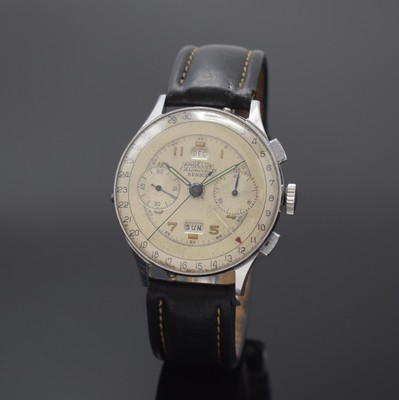 ANGELUS Chronodato Rensie Herrenarmbanduhr mit Schaltradchronograph und Kalenderanzeige, Schweiz um 1945, 3-teil. Edelstahlgeh., Boden und Glasrand ...