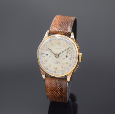 LANDERON Armbandchronograph in RG 750/000, Schweiz um 1955, Handaufzug, Boden u. Glasrand aufgedr., Geh. dell., silb. Zifferbl. bez. Chronographe ...