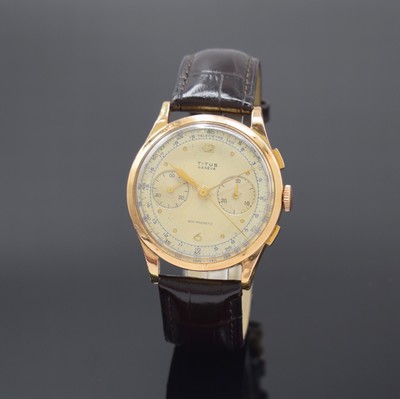 TITUS Herrenarmbanduhr mit Chronograph in RG 750/000, Schweiz um 1950, Handaufzug, 3- teil. Geh. dell., Boden und Glasrand aufgedr., verg. Cuv., ...