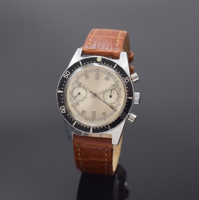 Armbandchronograph in Edelstahl, Handaufzug, Schweiz um 1968, Boden verschr., Mido Lederband m. Mido Faltschl., silb. Zifferbl. m. aufges. Indizes ...