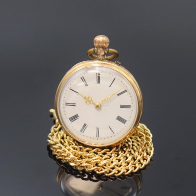 Offene Taschenuhr in RoseG 585/000 mit vergoldeter Kette, Schweiz um 1890, Geh. dell., grav. Rückdeckel m. Monogrammspiegel, Metallcuvette, ...
