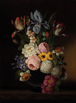 Oskar Denner, 1924 Wien-?, Blumenstillleben mit Insekten und Schmetterling, Öl/Holz, rechts unten signiert O. Denner fecit, 40x30 cm, Prunkrahmen ...