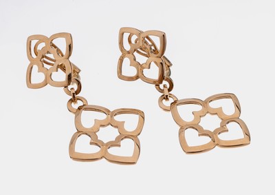 Paar 18 kt Gold Ohrstecker, RG 750/000, länglich bewegl., vierpassige Glieder aus Herzen, L. ca. 7 cm, ca. 27.7 g, Clipbrisuren