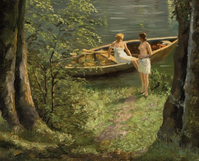 Hans Hassenteufel, 1887 Hamburg - 1943 München, sommerliche Seenlandschaft mit zwei badenden Damen im Ruderboot, idyllische Darstellung der Frauen ...