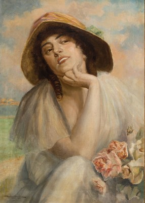 Hans Hassenteufel, 1887 Hamburg - 1943 München, " Mädchen mit Rosen " kokett lächelnde junge Dame im weißen Sommerkleid, den Kopf etwas ...