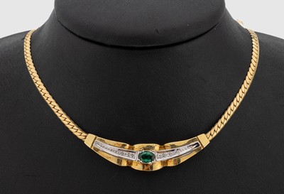 14 kt Gold Brillant-Turmalin-Collier, GG/WG 585/000, ovalfacett. Turmalin ca. 0.71 ct, 6 Brillanten zus. ca. 0.13 ct Weiß/si, ca.23.0 g, L. ca. 42 ...