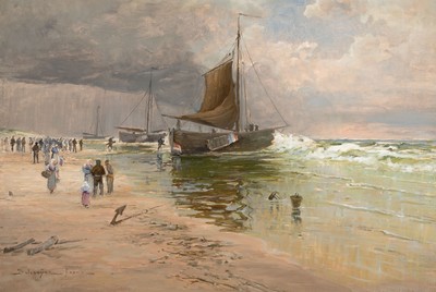 Franz Schreyer, 1858 Leipzig-1936 Dresden, Schüler von Ferdinand Preller in Dresden, "Am Strand von Katwyk", großformatige ...