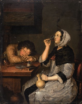 Niederländischer Kopist, dat. 1764, nach Gerard ter Borch (1617-1681) jungen Frau nebst einem betrunken eingeschlafenen Soldaten, Öl/Holz, links ...