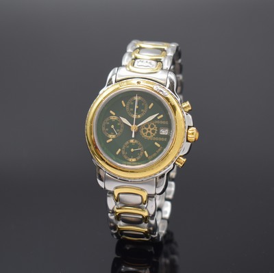 MICHEL JORDI Armbandchronograph Ethno Chrono, Automatik, Schweiz um 1991, Edelstahl/Gold komb. inkl. Gliederband m. Faltschl., beids. vergl., Boden ...