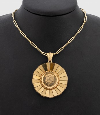 14 kt Gold Anhänger mit Medaille, GG 585/000, teilstrukturiert, gefasste Kennedy Medaille, an Kette, L. ca. 80 cm, Federingschließe, D. ca. 4.5 ...