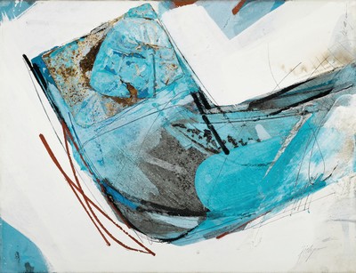 Robert Zielasco, geb. 1948, Abstrakte Komposition, Öl/Lwd mit Metal collagiert, rechts unten signiert, ca. 50x65cm, R. ca. 54x69cm