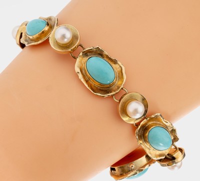 14 kt Gold Türkis-Perl-Armband, GG 585/000,6 ovaler Türkiscabochons, 6 weiße Zuchtperlchen ca. 6 mm, L. ca. 18 cm, Kastenschloss mit ...