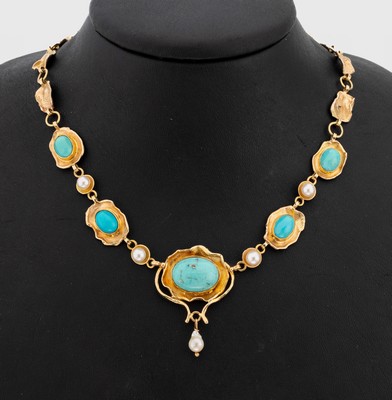 14 kt Gold Türkis-Perl-Collier, GG 585/000,5 ovale Türkiscabochons, 5 weiße Zuchtperlchenca. 4.7 mm, L. ca. 43 cm, Kastenschloss mit ...