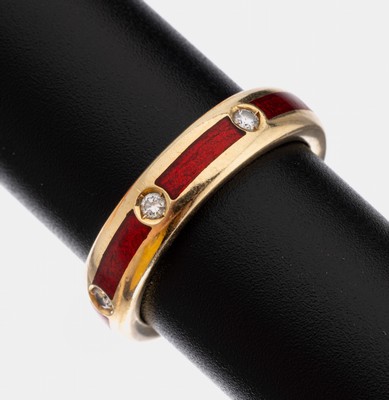 14 kt Gold Email-Brillant-Ring, GG 585/000,gepr., 7 Brillanten zus. ca. 0.21 ct Weiß/si, im Wechsel rot emaill., RW 57, ca. 5 g