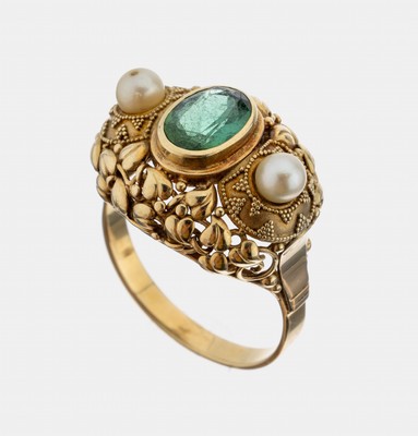 14 kt Gold Turmalin-Perl-Ring, 1950er Jahre, GG 585/000, ovalfacett. Turmalin ca. 1.50 ct 2 Zuchtperlen (abgetragen), aufwändige Goldschmiedearbeit ...