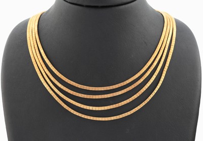 4-reihiges 14 kt Gold Collier, GG 585/000, teilmatt., ca. 60 g, Innen-L. ca. 44 cm