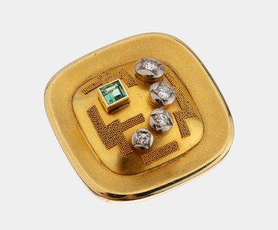 14 kt Gold Brillant-Turmalin-Brosche/Anhänger, GG 585/000, 1950er Jahre, 4 in WG gefasste Brillanten zus. ca. 0.11 ct Weiß/si, 1 Turmalin-Carree ...