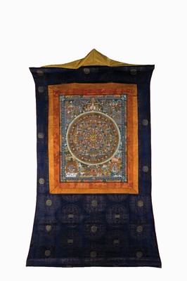 Thangka, Nepal/Tibet, 20.Jh., feine Handmalerei, reiche Goldstaffage, auf Leinen, mit aufwändiger Stoffrahmung, Darstellung der Erscheinungsformen ...