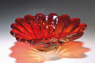 Muschelschale, Murano, 70er Jahre, Kristallglas, rot überfangen, 13.5x37x30cm