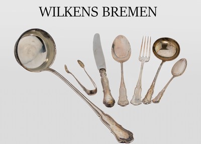 33-tlg. Besteck Wilkens Bremen, 800er Silber, best. aus: 6 Menuelöffel, 6 Menuegabeln, 6 Menuemesser, (Klingen Stahl, Griffe gefüllt), 12 ...