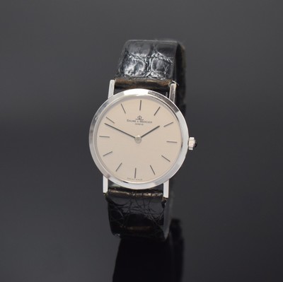 BAUME & MERCIER Armbanduhr in WG 750/000 Referenz 35130, Handaufzug, Schweiz um 1990, 2-teil. Geh., Boden m. Eigentümergravur aufgedr., silb. ...