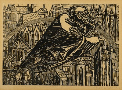 Ernst Barlach, 1870-1938, Die Dome, zu Die Wandlungen Gottes, Holzschnitt, rechts unten handsign., gebräunt, ca. 25x36cm, PP, u.Gl., R. ca. 48x57cm