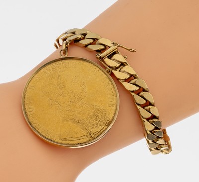 14 kt Gold Armband mit Münzanhänger, GG 585/000, Münzanhänger: 4 Dukaten, Österreich/Ungarn 1915, Franz Joseph I., offizielle Nachprägung, L. ...