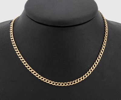 14 kt Gold Flachpanzercollier, GG 585/000, Karabinerschließe, L. ca. 69 cm, ca. 19.1 g