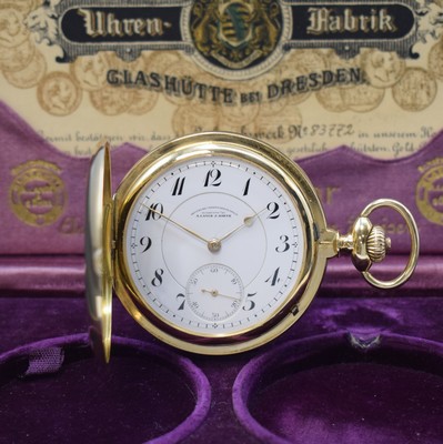 A.LANGE & SÖHNE -DUF- Herrensavonette in GG 585/000 mit original Box und Papier, Deutschland um 1920, glattes 3-Deckel Lucia Goldgeh. m. à-goutte ...