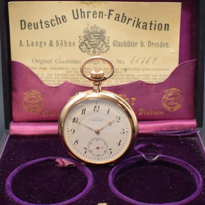 A. LANGE & SÖHNE -DUF- offene Taschenuhr mit original Box und Papier in RoseG 585/000, Deutschland um 1915, glattes 2-Deckel Lucia- Goldgeh., ...