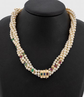 Zuchtperl-Farbstein-Collier mit 14 kt Gold Schmuckschließe, GG 585/000, Mittelteil mitGG Schmuckschließe, bes. mit ovalfacett. Saphir, Rubin und ...