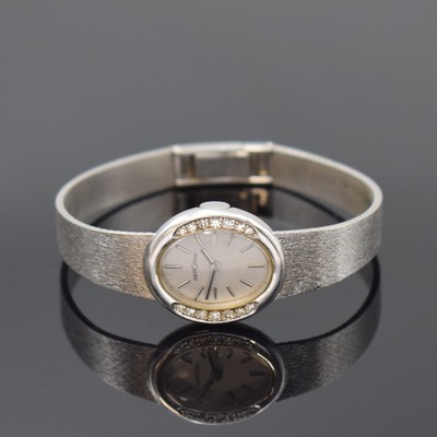 BERGANA Damenarmbanduhr in WG 585/000 mit Diamanten, Handaufzug, Schweiz um 1965, Milanaiseband, Boden aufgedr., silb. Zifferbl. m. aufgel. Indizes ...