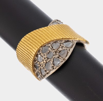 14 kt Gold und Silber Diamant-Ring, GG 585/000 gepr., Silber gepr., außergewöhnliche Gestaltung, 14 Diamantrosen zus. ca. 0.35 ct, RW 54, ca. 12.4 ...