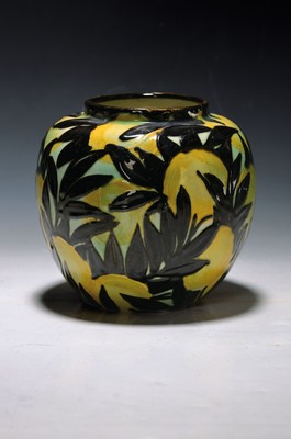 Vase "Zitronen", Karlsruher Majolika, Prof. Max Laeuger, um 1920-25, Modellnr. 1803, rote Keramik, Schlickermalerei in grün, gelb und ...
