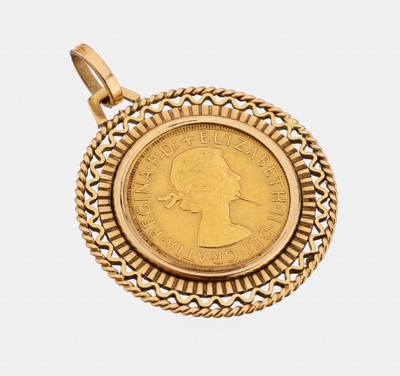 18 kt Gold Münz-Anhänger, GG 750/000, Münzeinlage: Sovereign Elisabeth II. 1957, rv:Hlg. Georg mit dem Drachen kämpfend